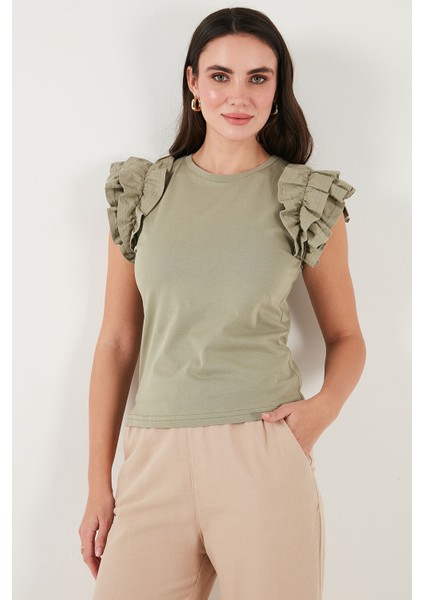 Pamuklu Kolları Fırfırlı Slim Fit Bisiklet Yaka T Shirt Bayan T Shirt 5864500 indirimleri
