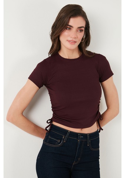 Yanlardan Büzgülü Kısa Kollu Crop Bluz Bayan Bluz 5864010