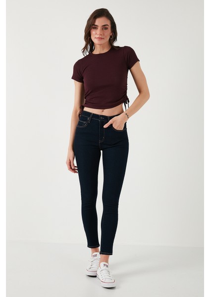 Yanlardan Büzgülü Kısa Kollu Crop Bluz Bayan Bluz 5864010