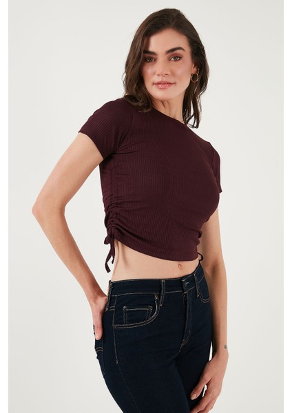 Yanlardan Büzgülü Kısa Kollu Crop Bluz Bayan Bluz 5864010