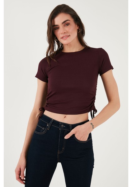 Yanlardan Büzgülü Kısa Kollu Crop Bluz Bayan Bluz 5864010
