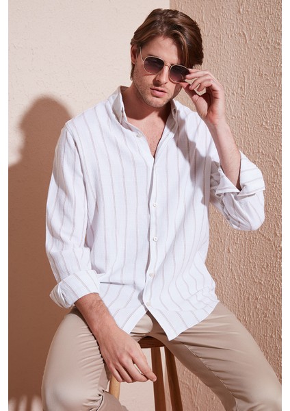 Pamuklu Çizgili Regular Fit Düğmeli Yaka Gömlek Erkek Gömlek CF21S112480