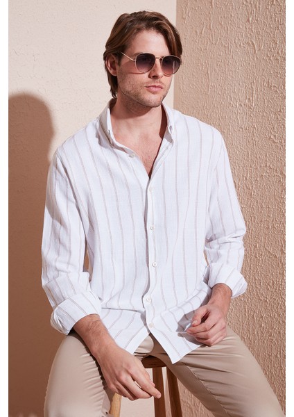 Pamuklu Çizgili Regular Fit Düğmeli Yaka Gömlek Erkek Gömlek CF21S112480 fiyatları