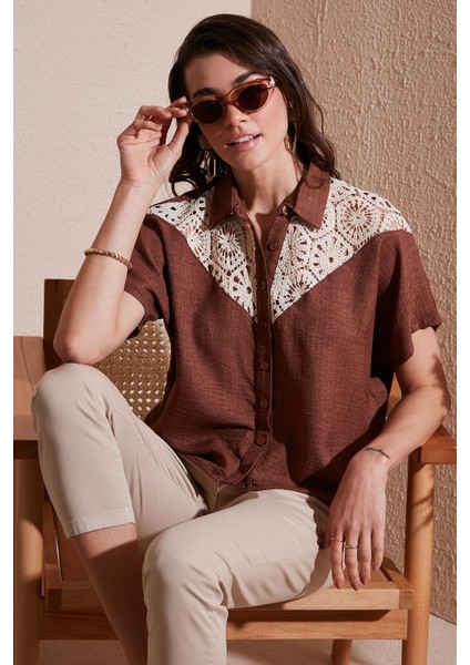 Dantelli Relaxed Fit Kısa Kollu Gömlek Bayan Gömlek 5865764