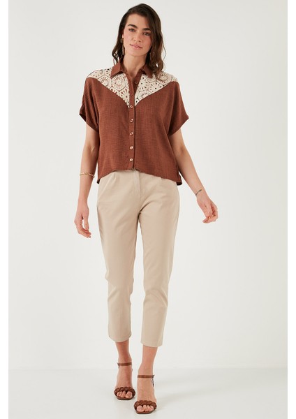 Dantelli Relaxed Fit Kısa Kollu Gömlek Bayan Gömlek 5865764