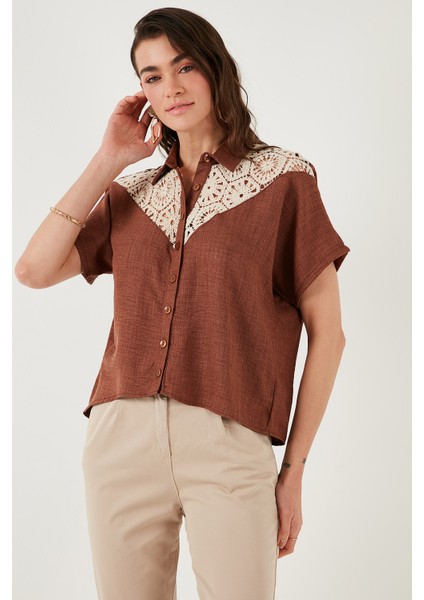 Dantelli Relaxed Fit Kısa Kollu Gömlek Bayan Gömlek 5865764