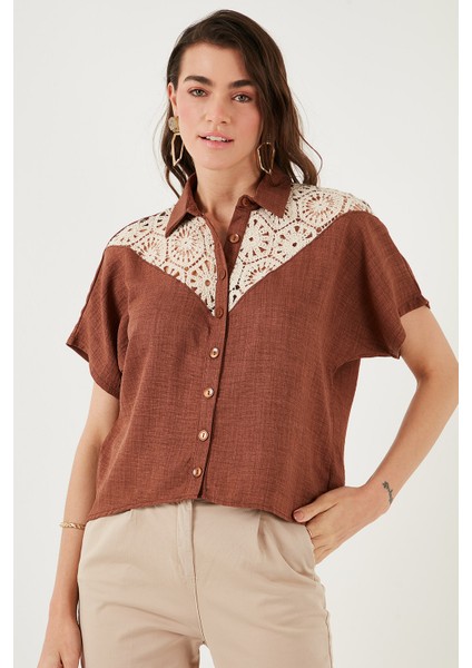 Dantelli Relaxed Fit Kısa Kollu Gömlek Bayan Gömlek 5865764