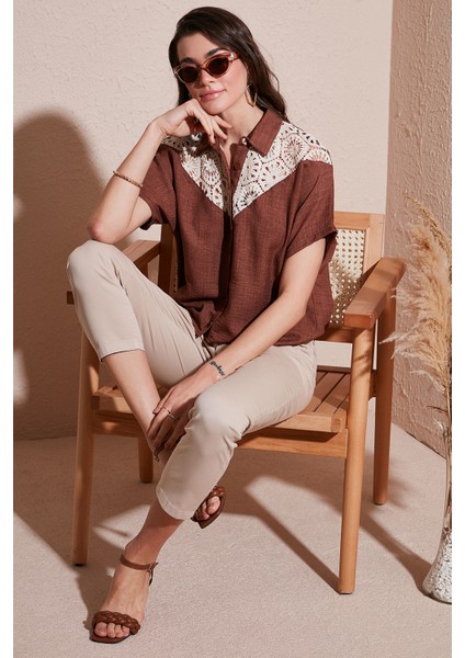 Dantelli Relaxed Fit Kısa Kollu Gömlek Bayan Gömlek 5865764