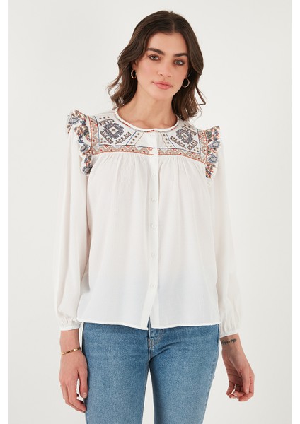 Etnik Desenli Kol Detaylı Bisiklet Yaka Şile Bezi Gömlek Bayan Gömlek 611BZ0042 fırsatları