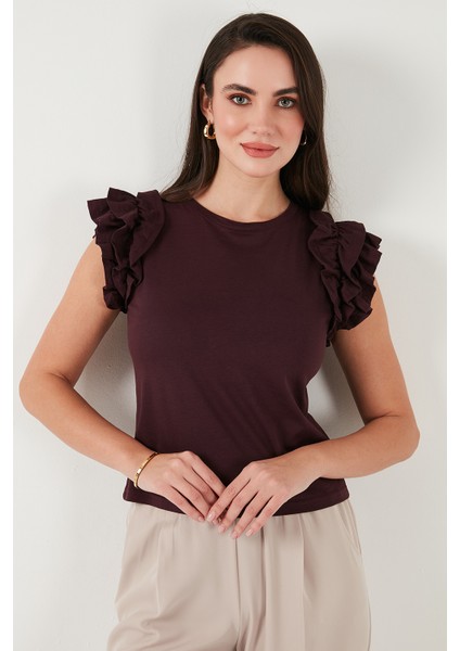 Pamuklu Kolları Fırfırlı Slim Fit Bisiklet Yaka T Shirt Bayan T Shirt 5864500 fiyatları