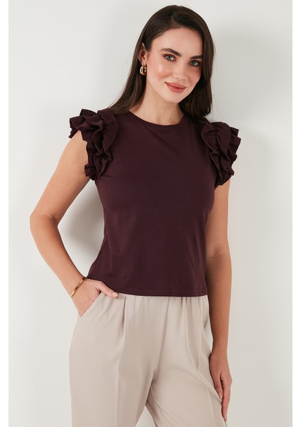 Pamuklu Kolları Fırfırlı Slim Fit Bisiklet Yaka T Shirt Bayan T Shirt 5864500 fırsatları