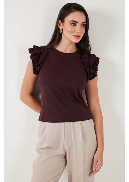 Pamuklu Kolları Fırfırlı Slim Fit Bisiklet Yaka T Shirt Bayan T Shirt 5864500 indirimleri