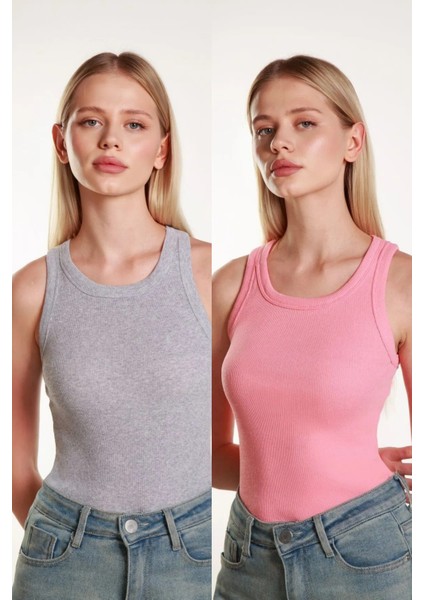 Ikili Halter Yaka Örme Atlet Pembe Gri