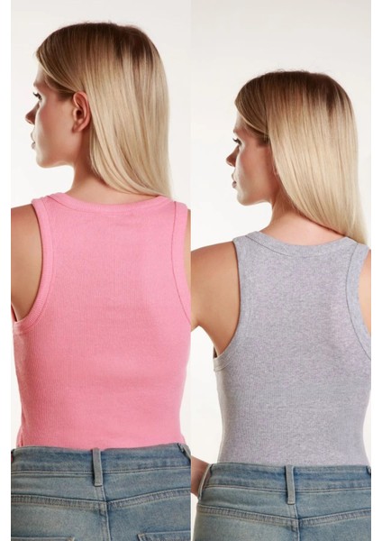 Ikili Halter Yaka Örme Atlet Pembe Gri