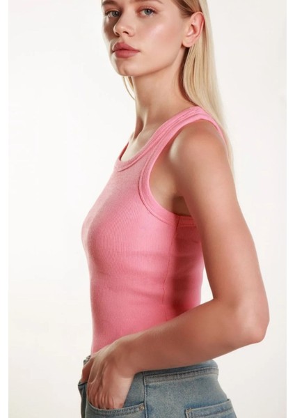 Ikili Halter Yaka Örme Atlet Pembe Gri