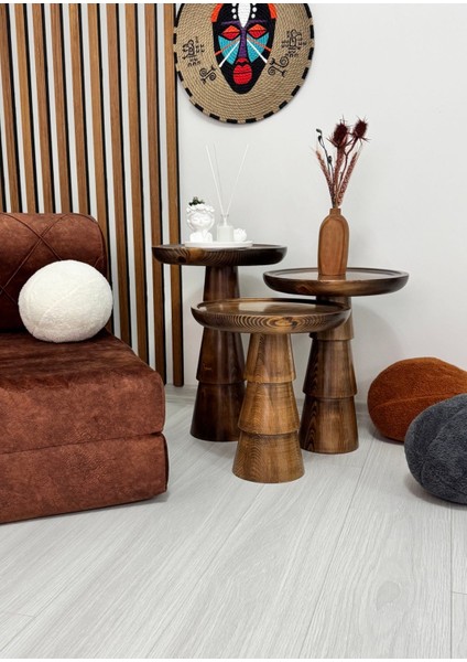 Doğal Ahşap 3'lü Set Mantar Yan Sehpa Modern Ceviz Renk Fiskos Zigon Çiçeklik modelleri