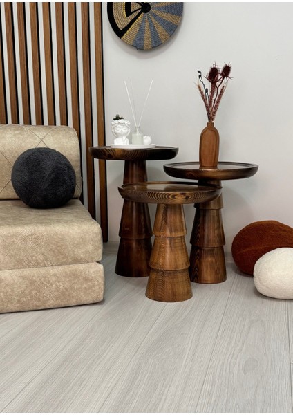 Doğal Ahşap 3'lü Set Mantar Yan Sehpa Modern Ceviz Renk Fiskos Zigon Çiçeklik fırsatları