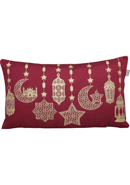 Belıeve Ramazan Fener Jakarlı Dokuma Goblen Dekoratif Kırmızı Simli Kırlent 30*55