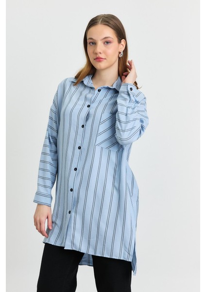 4068A Çizgili Tek Cepli Tunik Mavi
