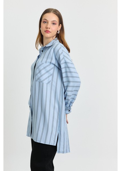 4068A Çizgili Tek Cepli Tunik Mavi