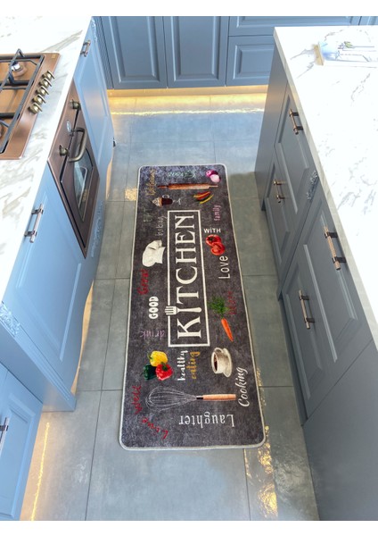 Koyu Gri Renk Yıkanabilir Mutfak Yolluk Lateks Deri Taban Halı