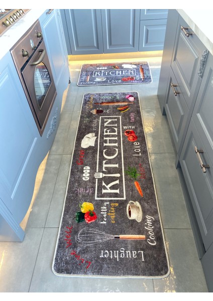 Koyu Gri Renk Yıkanabilir Mutfak Yolluk Lateks Deri Taban Halı modelleri