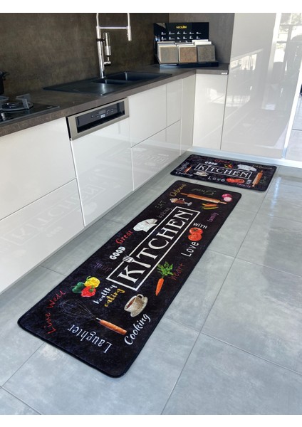 Siyah Renk Yıkanabilir Mutfak Yolluk Lateks Deri Taban Halı