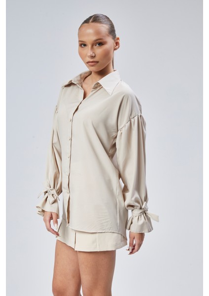 Oversize Büzgü Detaylı Saten Bluz Gömlek
