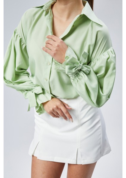 Oversize Büzgü Detaylı Saten Bluz Gömlek