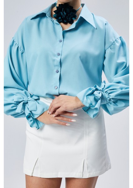 Oversize Büzgü Detaylı Saten Bluz Gömlek