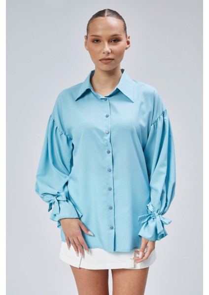 Oversize Büzgü Detaylı Saten Bluz Gömlek