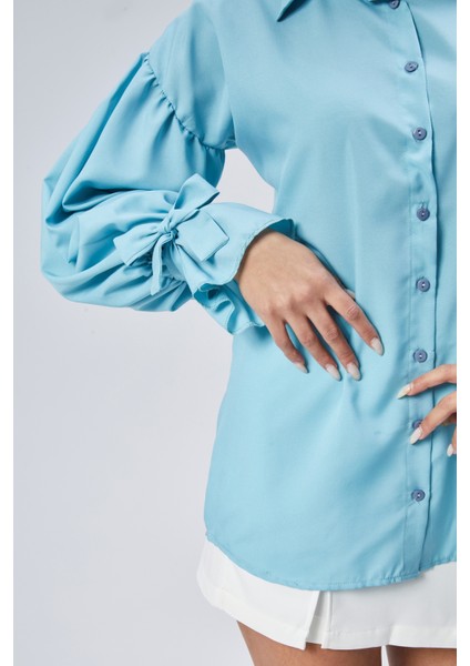 Oversize Büzgü Detaylı Saten Bluz Gömlek