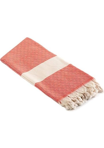 Loom -%100 Pamuk Dekoratif Kalın Plaj Havlusu- Xl 180 x 101 cm - El Dokuması Battaniye, Kanepe Şalı - Beyaz Üzerine Kırmızı Elmas Desenli