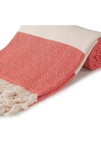 Loom -%100 Pamuk Dekoratif Kalın Plaj Havlusu- Xl 180 x 101 cm - El Dokuması Battaniye, Kanepe Şalı - Beyaz Üzerine Kırmızı Elmas Desenli