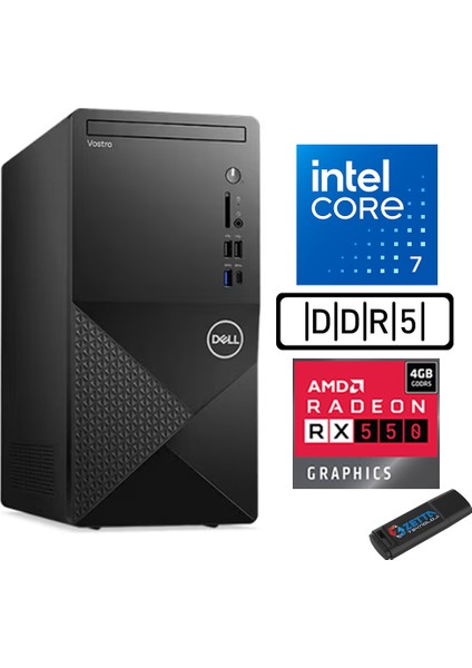 Vostro 3030 mt Intel Core I7 12700 96GB Ddr5 256GB SSD Windows 11 Home Amd RX550-4GB Masaüstü Bilgisayar N3030I7RX550H01 + Zetta USB Bellek