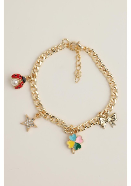 Uğur Böceği Yıldız Yonca Figürlü Zincir Bileklik (17+5cm)