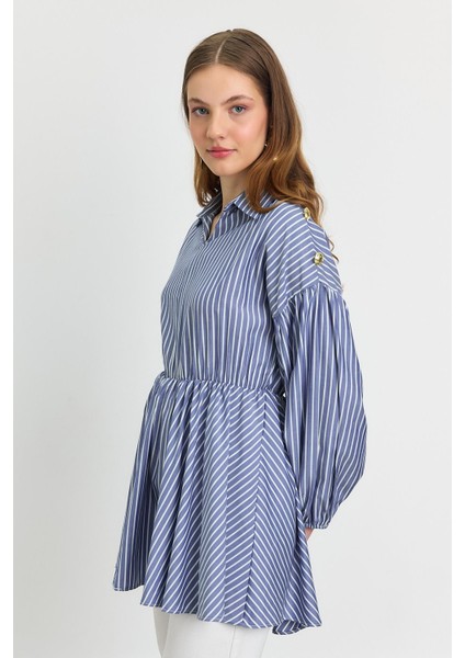 4291A Çizgili Bel Büzgülü Tunik Saks