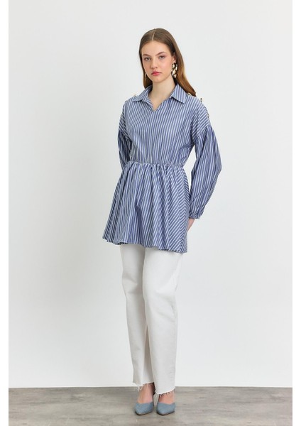 4291A Çizgili Bel Büzgülü Tunik Saks