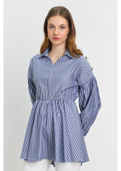4291A Çizgili Bel Büzgülü Tunik Saks