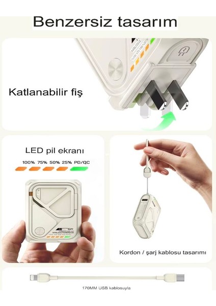 5'in 1 Pd 22.5W Hızlı Şarj Powerbank - 10000 mAh, Kablolu ve Kablosuz Standlı Çoklu Fişli Şarj Cihazı