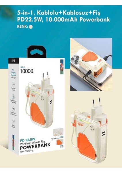5'in 1 Pd 22.5W Hızlı Şarj Powerbank - 10000 mAh, Kablolu ve Kablosuz Standlı Çoklu Fişli Şarj Cihazı