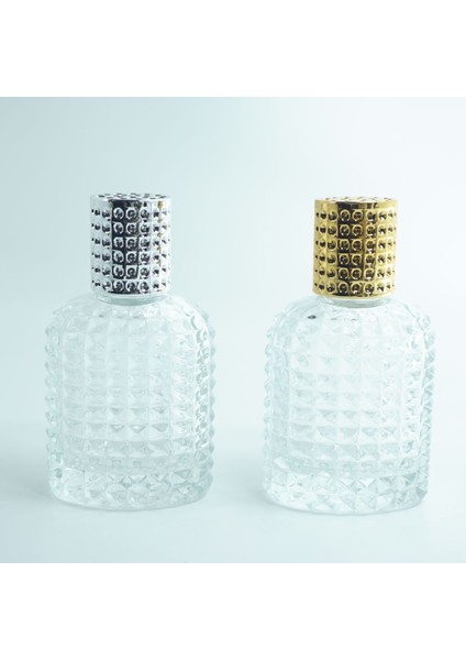 25 ADET BOŞ CAM PARFÜM ŞİŞE, 50 ML, OVAL NOKTALI KRİSTAL MODEL, ŞEFFAF, METAL KAPAKLI