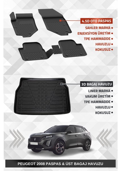 Peugeot 2008 2019+ Uyumlu 4.5d Premium Havuzlu Paspas ve Liner Marka 3D Üst Bagaj Havuzu