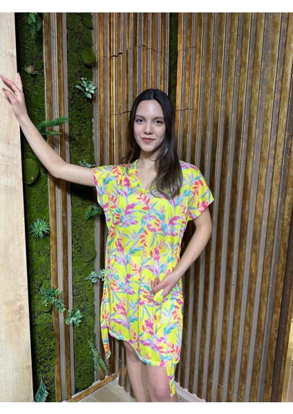 Kadın Sarı Yaprak Desenli Transparan Plaj Elbisesi,kadın Sarı Kuşaklı Elbise