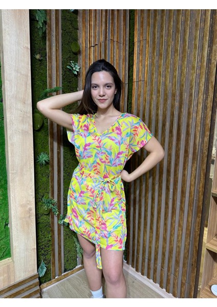 Kadın Sarı Yaprak Desenli Transparan Plaj Elbisesi,kadın Sarı Kuşaklı Elbise fiyatları