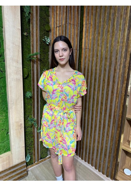 Kadın Sarı Yaprak Desenli Transparan Plaj Elbisesi,kadın Sarı Kuşaklı Elbise fırsatları