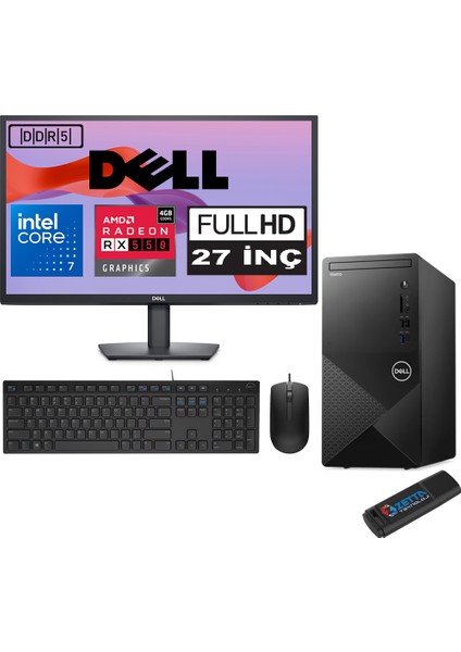 Vostro 3030 mt Intel Core I7 12700 32GB Ddr5 4tb SSD 27" Fhd Ubuntu Amd RX550-4GB Masaüstü Bilgisayar 27N3030I7RX550U20 + Zetta USB Bellek