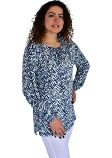 Kadın V Desen Baskılı Viscon Bluz BGL-ST04285