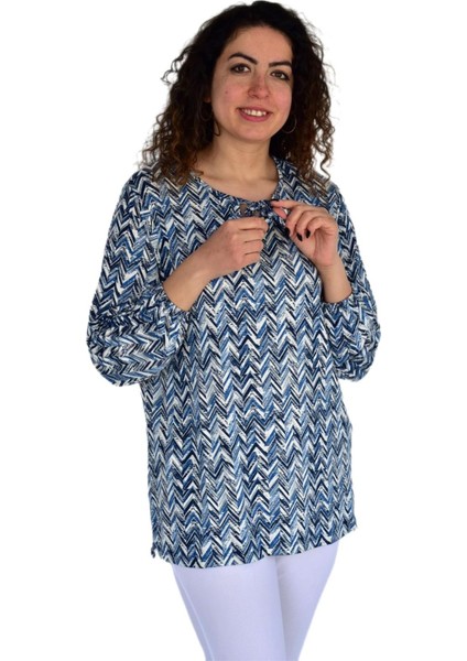 Kadın V Desen Baskılı Viscon Bluz BGL-ST04285