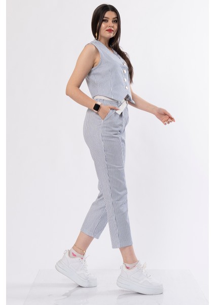 Çizgili Yelek ve Kemerli Pantolon Kot Gabardin Kumaş Takım 9107